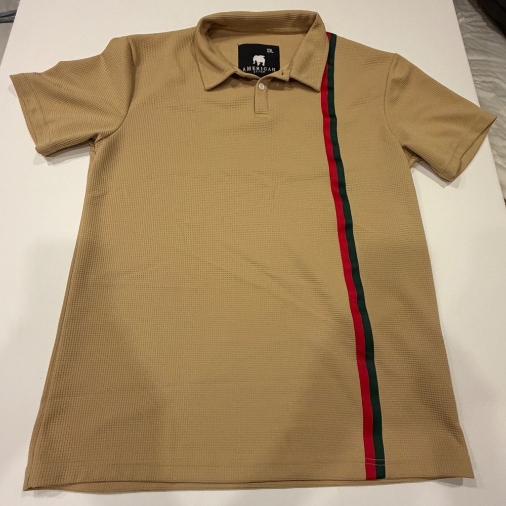American Stitch Men's XXL Tan Waffle Knit Polo Red Green Stripe Quiet Luxury